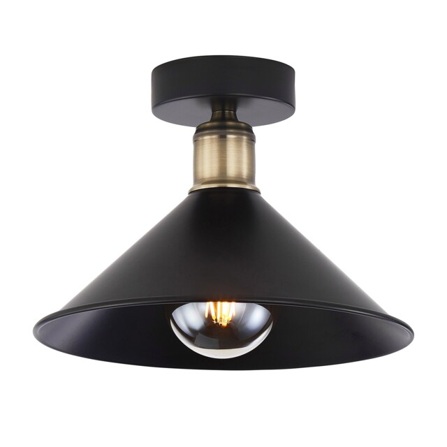 Modern Industrial Semi Flush Ceiling Light in Matte Black and Antique Brass Black