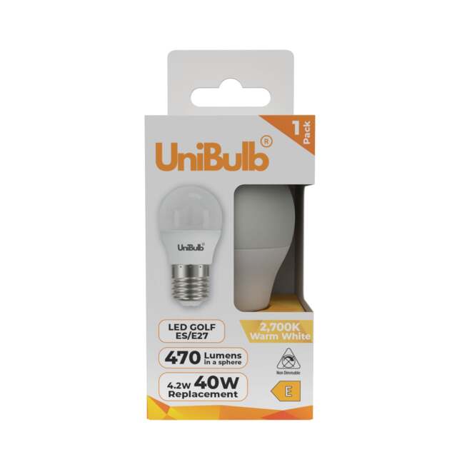 UniBulb LED Golf Ball E27 Edison Screw (ES) 470lm 4.2W (Replaces 40W) 2700K (Warm White) Light Bulb - Pack of 1 White Warm White 1