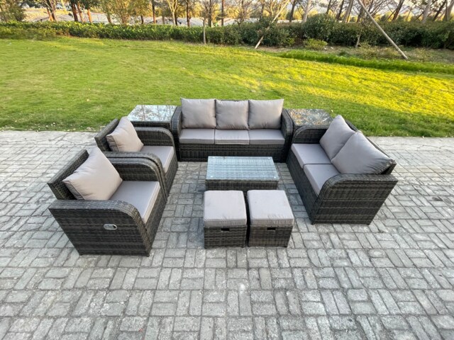 Fimous Patio Garden Furniture Sets Wicker 9 Seater Outdoor Rattan Furniture Sofa Sets with Rectangular Coffee Table Reclining Chair Loveseat Sofa 2 Side Tables 2 Small Footstools
