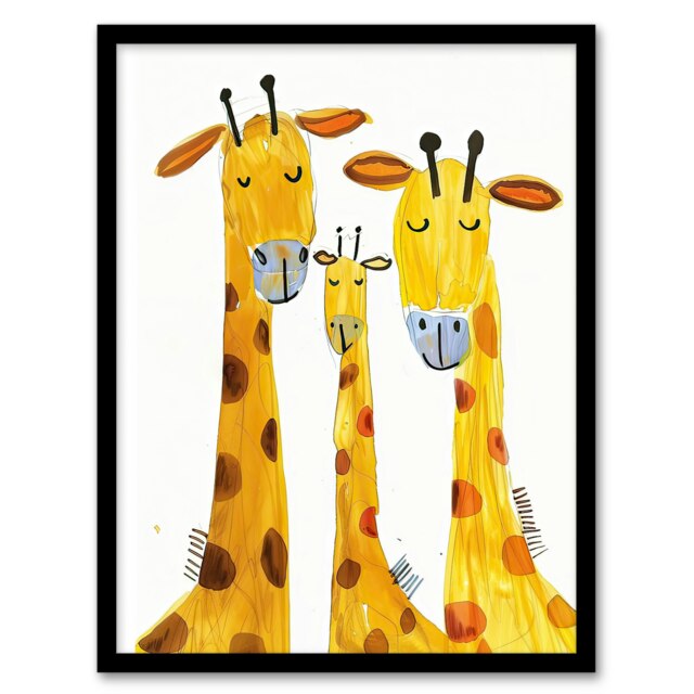 Giraffe Family Bright Folk Art Kids Bedroom Black Framed Wall Art Print A4