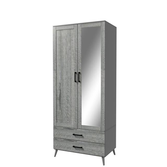 2-Door 2-Drawer Mirror Wardrobe with Legs Grey Grey & Ash Grey 55 x 9.5 x 149 1