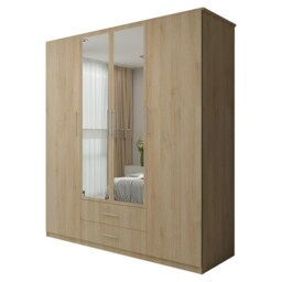 Modern Space-Saving 4-Door Hinged Wardrobe with Central Mirrored Doors - 8 Shelves & 2 Drawers, 171cm Wide