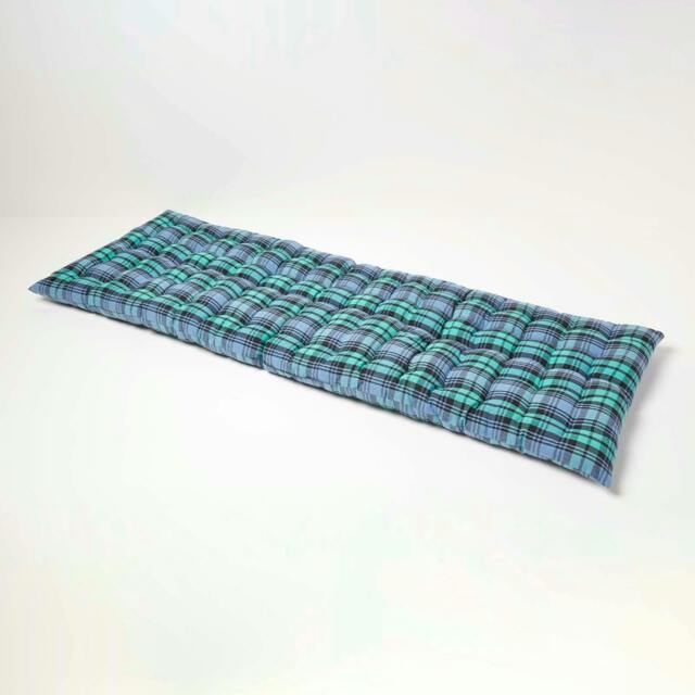 Homescapes Garden Bench Cushion Luxury 3 Seater Cotton Tartan Indoor Outdoor Seat Pad Green 143 x 48 cm 1
