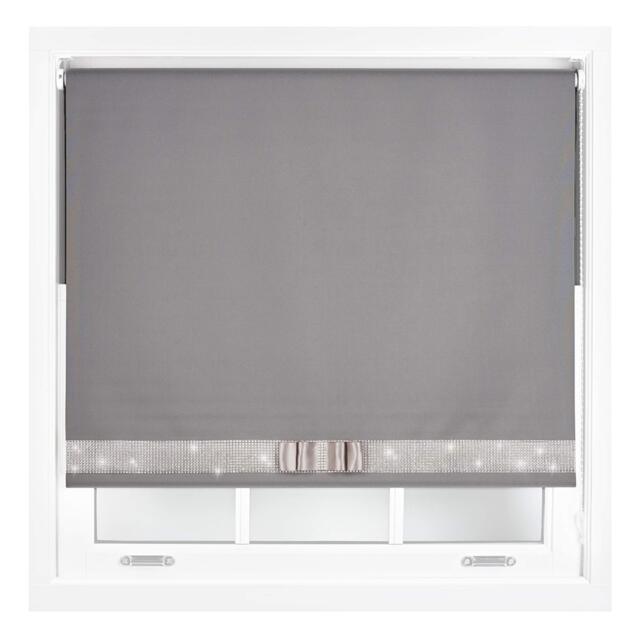 FURNISHED Blackout Roller Blinds with Diamante Trim and Bow Cut to Size Grey Dark Grey (W) 60cm x (L) 165cm