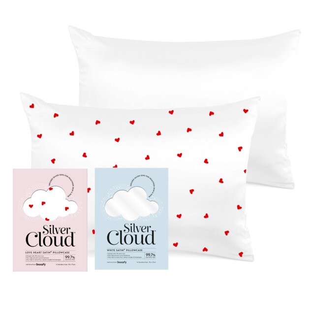 Silver Cloud Silver Ion Infused Satin White & Heart Print Pillowcase Set