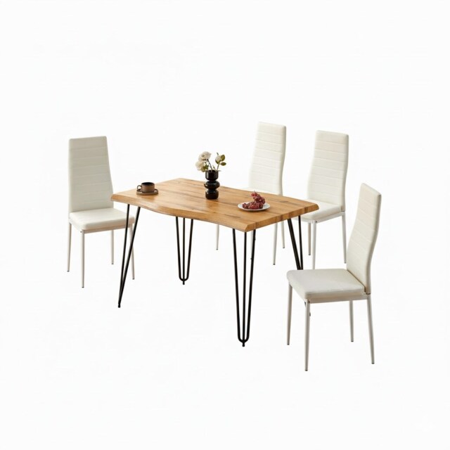 Brown Wooden Dining Table with 4 White Chairs - Dining Kitchen Room Furniture