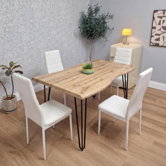 Brown Wooden Dining Table with 4 White Chairs - Dining Kitchen Room Furniture
