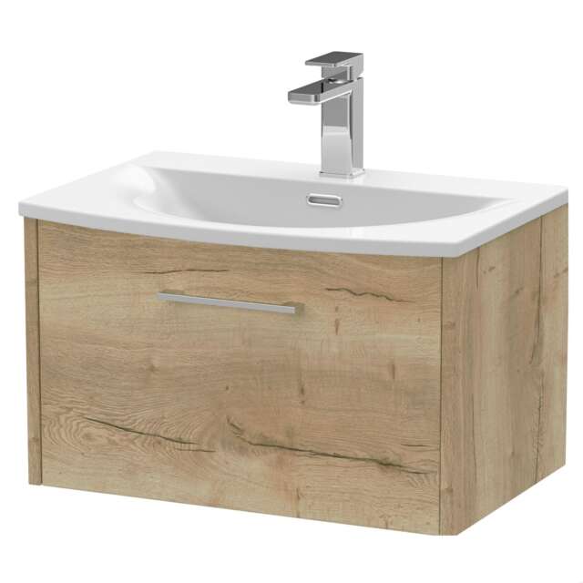 Balterley Winshill Contemporary 1 Drawer Wall Hung Vanity Unit with Curved Basin, Light Oak, 600mm