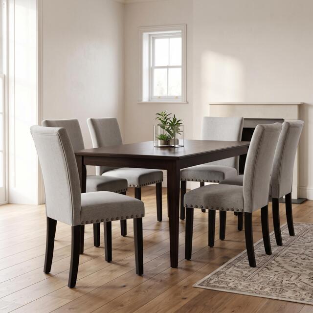 London Boutique Set of 6 Dining Chairs Fabric Parsons Dining Room Chair with Nailhead Trim & Sturdy Wood Legs - Grey