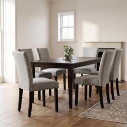 London Boutique Set of 6 Dining Chairs Fabric Parsons Dining Room Chair with Nailhead Trim & Sturdy Wood Legs - Grey