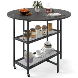 COSTWAY 100cm Round Kitchen Table w/Drop Leaf Tabletop-Black