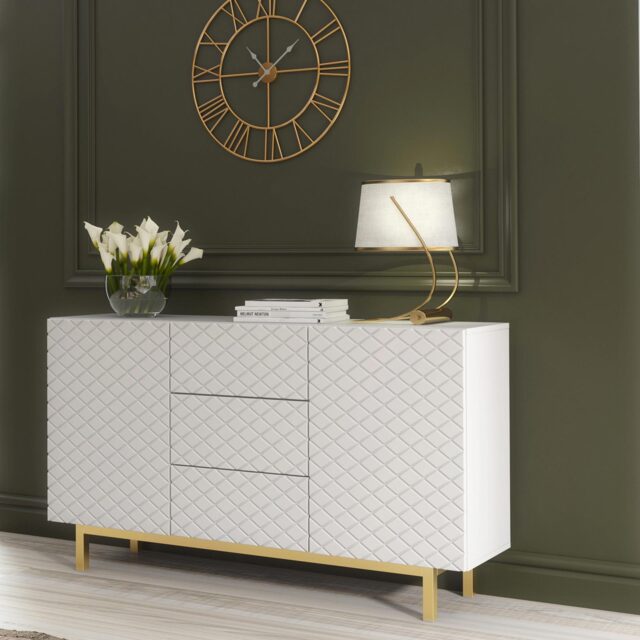 Sideboard Cabinet TV Unit Storage Cabinet White Doors Drawers Gold Legs 140cm