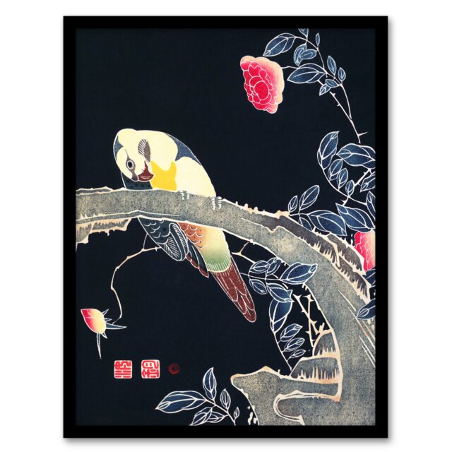 "Parrot Rose Flower Bush Japanese Vintage Framed Wall Art Print Jakuchu 12x16"""
