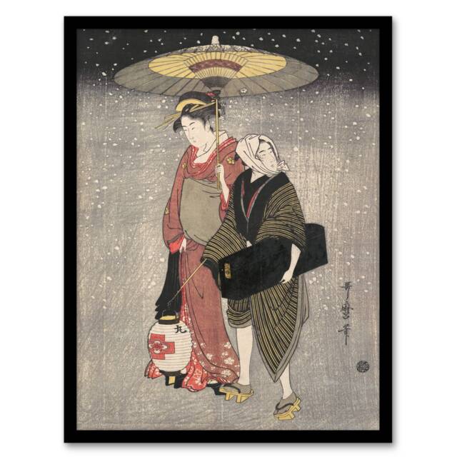 Kitagawa Framed Wall Art Print Geisha Walking Through Snow At Night Home Décor