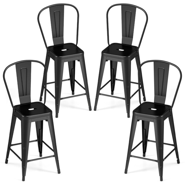 Metal Bar Stools Set of 4, 62 cm Counter Height Barstools with Backrests and Footrests, Stackable Breakfast Chairs for Kitchen Island, Home Bar and Dining Room