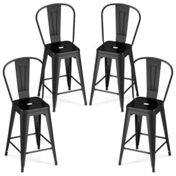 Metal Bar Stools Set of 4, 62 cm Counter Height Barstools with Backrests and Footrests, Stackable Breakfast Chairs for Kitchen Island, Home Bar and Dining Room