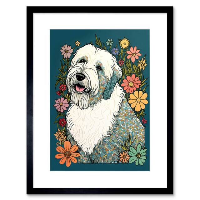 "English Sheepdog Colourful Daisies Bright Flowers 9x7"" Black Framed Wall Art Print"