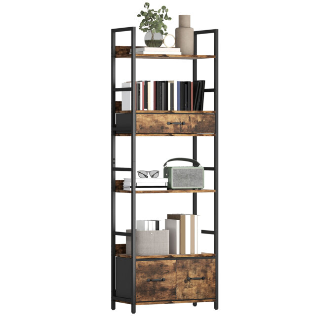 HOMCOM Industrial Bookcase, Tall Bookshelf with 4 Shelves and 3 Fabric Drawers, Storage Shelving Unit with Metal Frame for Living Room, Home Office, Bedroom, Rustic Brown Brown Rustic Brown
