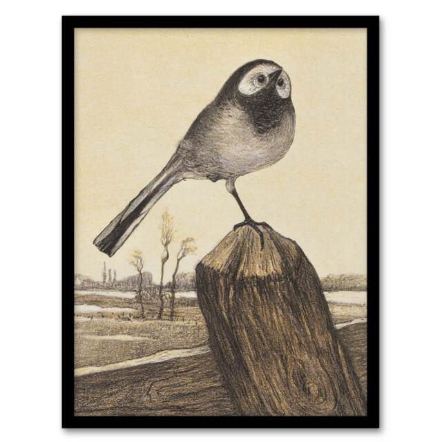 "Wagtail Bird Perched on Pole Vintage Framed Wall Art Print van Hoytema 12x16"""