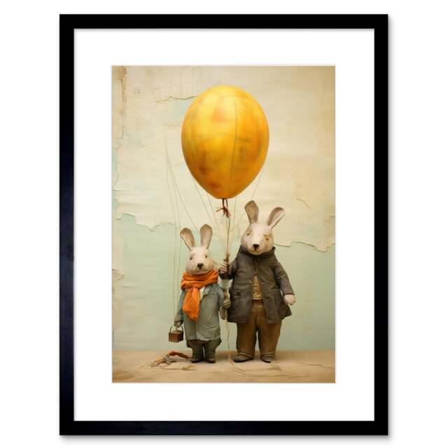 "Cute Nursery Rabbits Balloon Adventure 9x7"" Black Framed Wall Art Print"