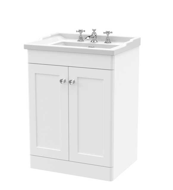 Balterley Swynnerton Traditional 2 Door Floor Standing Vanity Unit with Basin, Satin White, 600mm