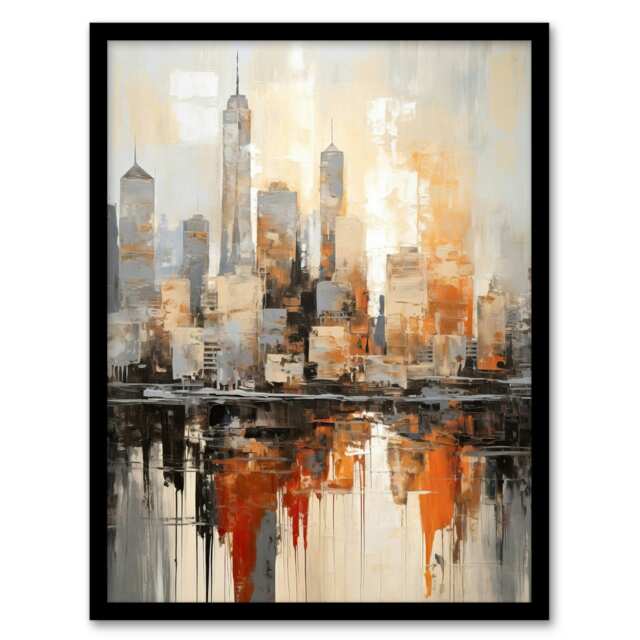Manhattan Skyline Oil By Hinge Geometric Black Framed Wall Art Print A4