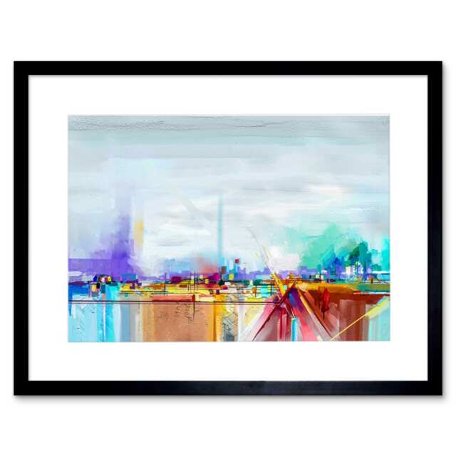 "Colourful Abstract Harbour Landscape Oil Painting 9x7"" Black Framed Wall Art Print"