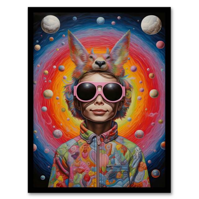 Wear the Fox Hat Surreal Abstract Rainbow cosmic Fun Black Framed Wall Art Print A4