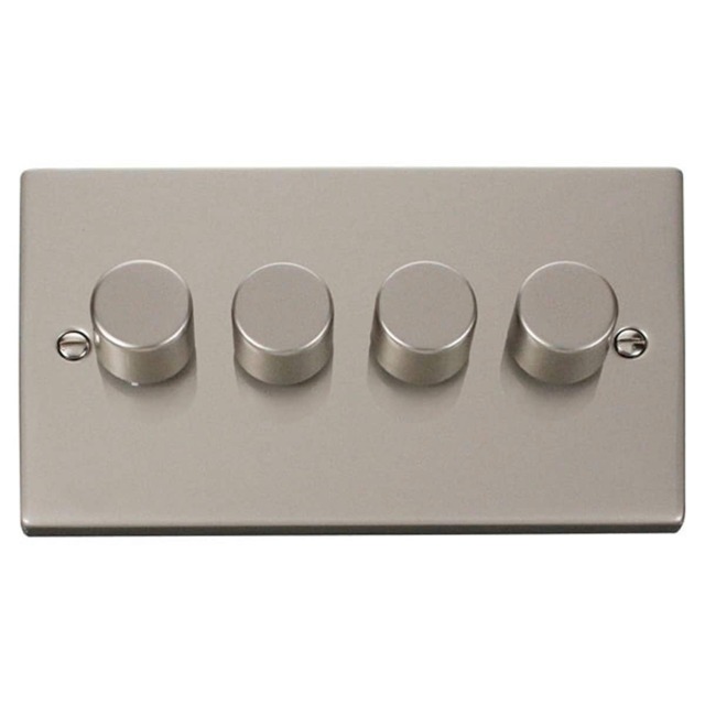 SE HOME Pearl Nickel 4 Gang 2 Way LED 100W Trailing Edge Dimmer Light Switch. Silver Pearl Nickel