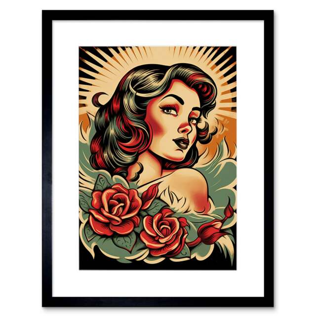 "Pin Up Girl Roses Retro Tattoo Ink Body Rockabilly 50s 9x7"" Black Framed Wall Art Print"