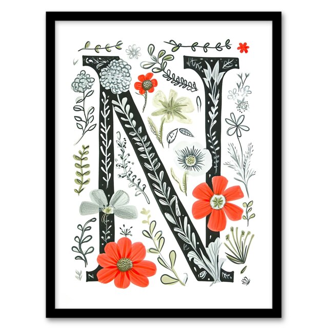 Letter N Poppies flowers Floral Birthday Gift Mum Black Framed Wall Art Print A4