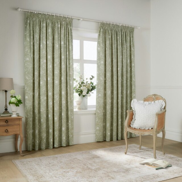 Wylder Bella Floral Sage Pencil Pleat Curtains (W)168cm x (W)229cm Green Sage Green One Size