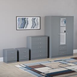Vida Designs Riano 4 Piece Bedroom Set (2x 2 Drawer Bedside Chest, 5 Drawer Chest, 3 Door 2 Drawer Mirrored Wardrobe) - Grey