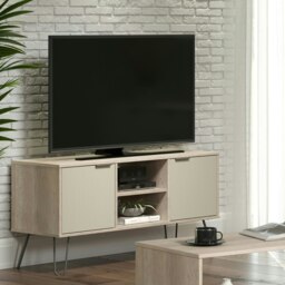 Augusta Pine 2-Door Wide TV Unit - Wooden Media Cabinet with Hairpin Legs and Rustic Finish White Driftwood 1