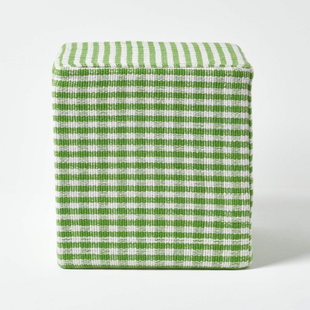 Homescapes Green Gingham Check Cotton Cube Pouffe - 36 x 36 x 38 cm Green 36 x 36 x 38 cm