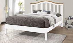 4ft6 Double White & oak finish chunky, strong solid wood wooden bed frame.Curved headboard head end, low foot end board