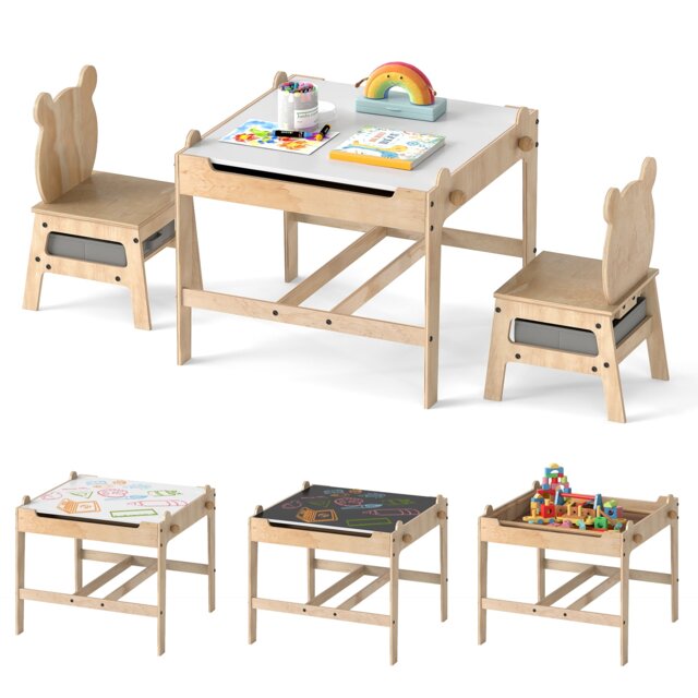 COSTWAY Kids Table and Chairs 4 in 1 Wooden Set Grey