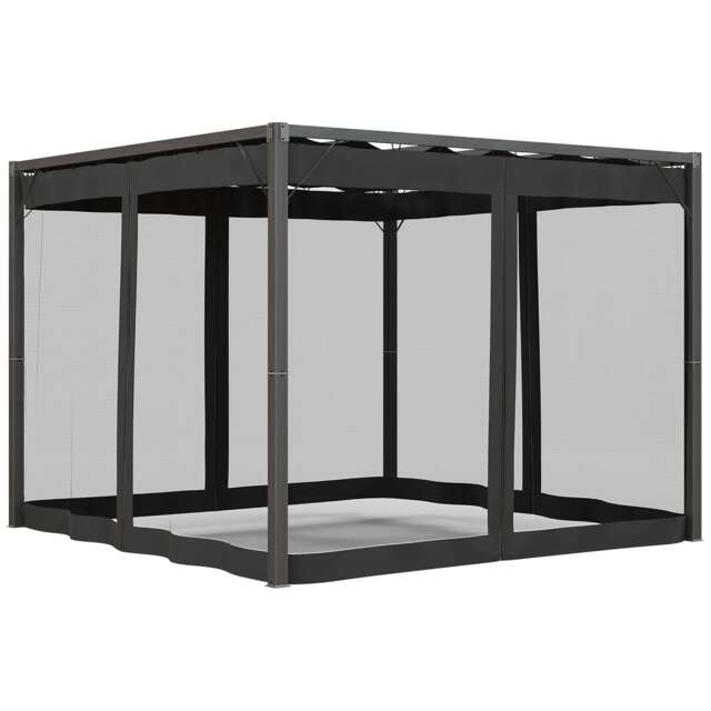 Outsunny 3 x 3 m Pergola with Retractable Roof Canopy and Netting Sidewalls, Aluminium Frame Garden Gazebo Outdoor Sun Shade Shelter for Grill, Patio, Deck, Dark Grey