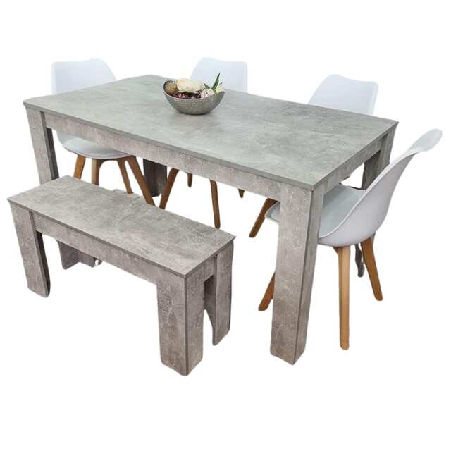 Stone Grey Effect Wood Dining Table Set with Bench and 4 White Plastic Chairs Modern Dining Room Furniture