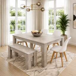 Stone Grey Effect Wood Dining Table Set with Bench and 4 White Plastic Chairs Modern Dining Room Furniture