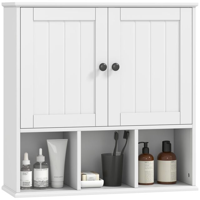 HOMCOM Farmhouse Bathroom Wall Cabinet, Wall Mounted Medicine Cabinet with Adjustable Shelf, Open Compartments and 2 Doors, Storage Organiser Over The Toilet, White