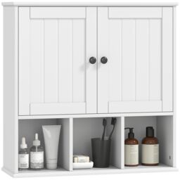 HOMCOM Farmhouse Bathroom Wall Cabinet, Wall Mounted Medicine Cabinet with Adjustable Shelf, Open Compartments and 2 Doors, Storage Organiser Over The Toilet, White