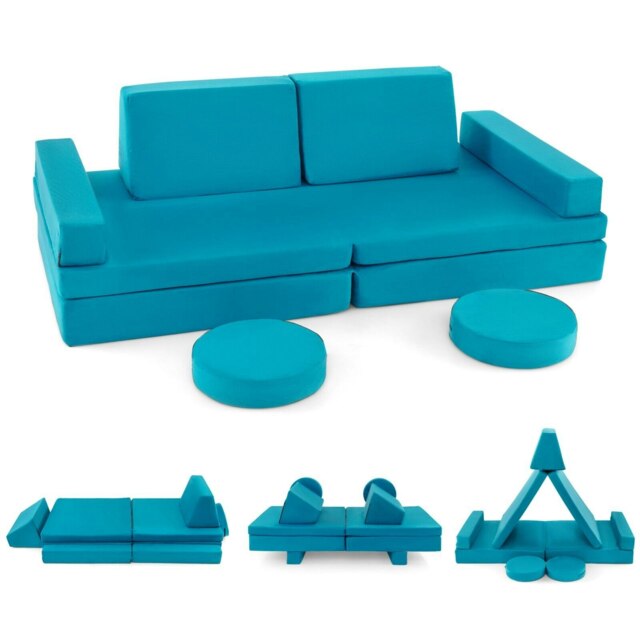 COSTWAY 8-Piece Kids Play Couch Sofa Convertible Foam Sofa-Green Green Chair