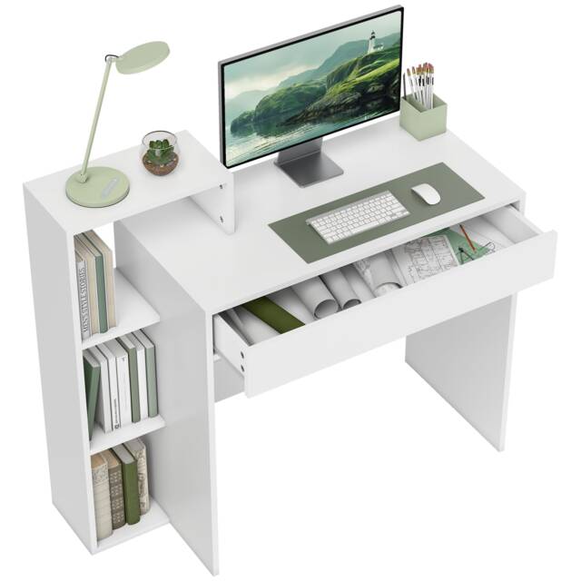 HOMCOM Computer Desk with 3 Open Shelves and Drawer, White White White 100W x 40D x 90H cm