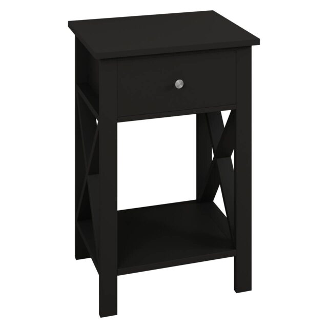Wooden 1 Drawer Bedside Sofa Side End Table X-Frame Nightstand with Storage Shelf Black 1 Black 1