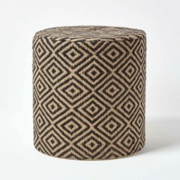 Homescapes Jute Round Pouffe Black and Off-White Herringbone Pattern - 40 x 40 x 42 cm