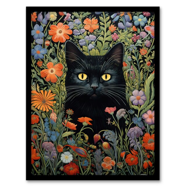 Cat Wildflower Meadow Flowers Floral Black Framed Wall Art Print A4