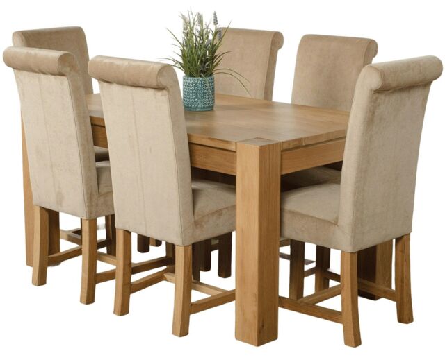 Kuba 150 x 85 cm Medium Oak Dining Table and 6 Washington Fabric Chairs Brown Beige