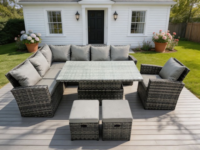Fimous High Back Rattan Garden Furniture Corner Sofa Sets Adjustable Rising Table Dark Mixed Grey 9 seater left corner