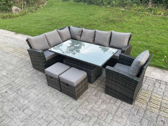 Fimous High Back Rattan Garden Furniture Corner Sofa Sets Adjustable Rising Table Dark Mixed Grey 9 seater left corner